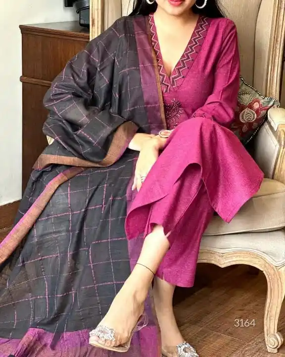 Wine Khadi Cotton Kurti Set  With Linen Dupatta  For Women.png